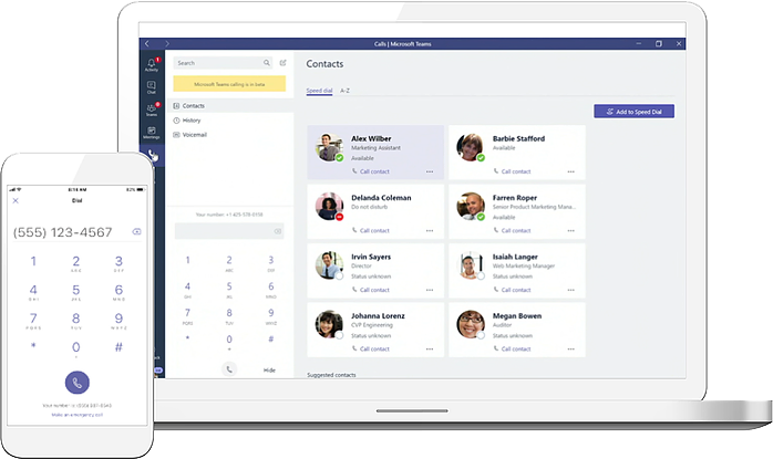 Microsoft teams displayed on phone and laptop devices.